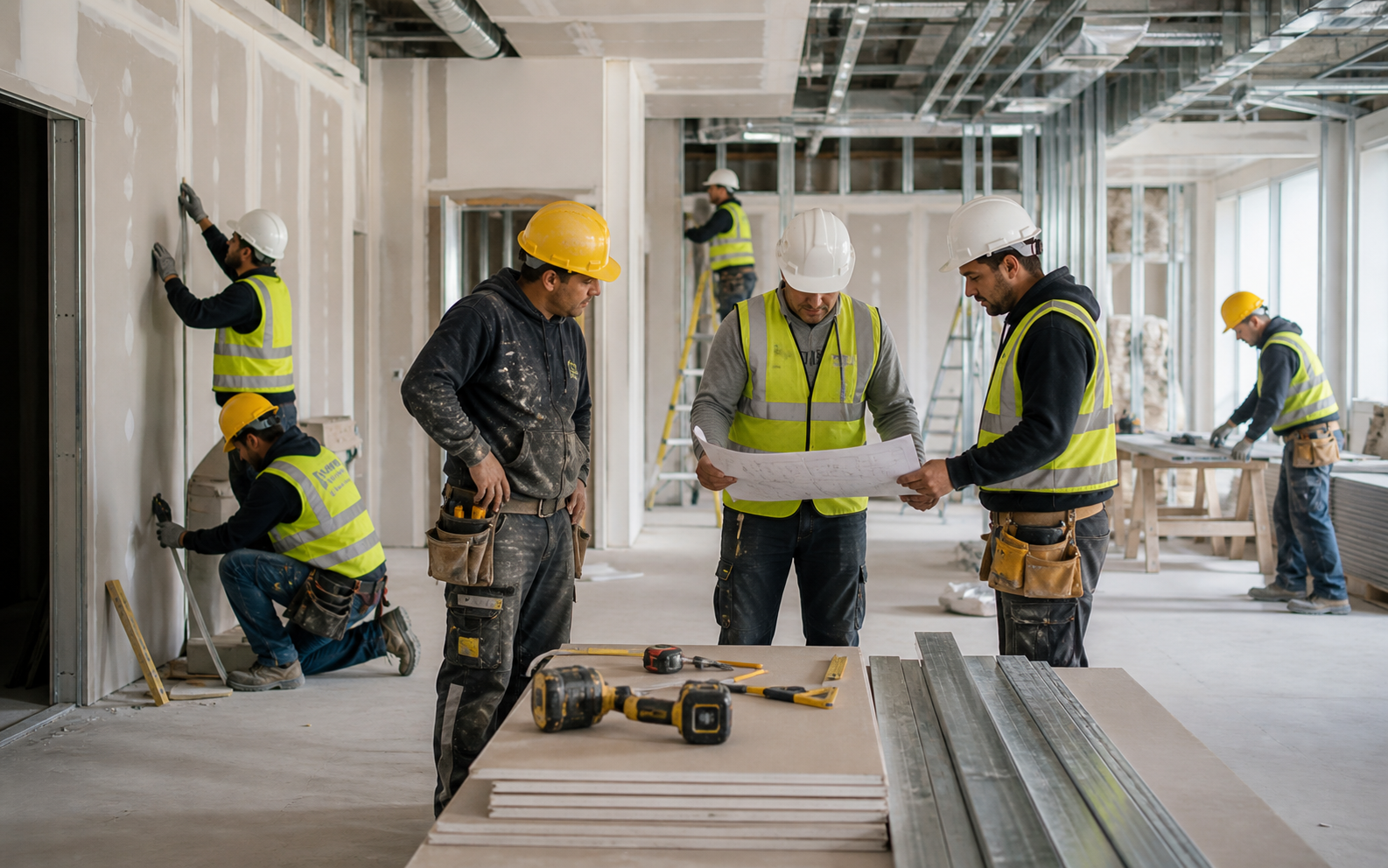 Conceptual photo of construction crew on interior site