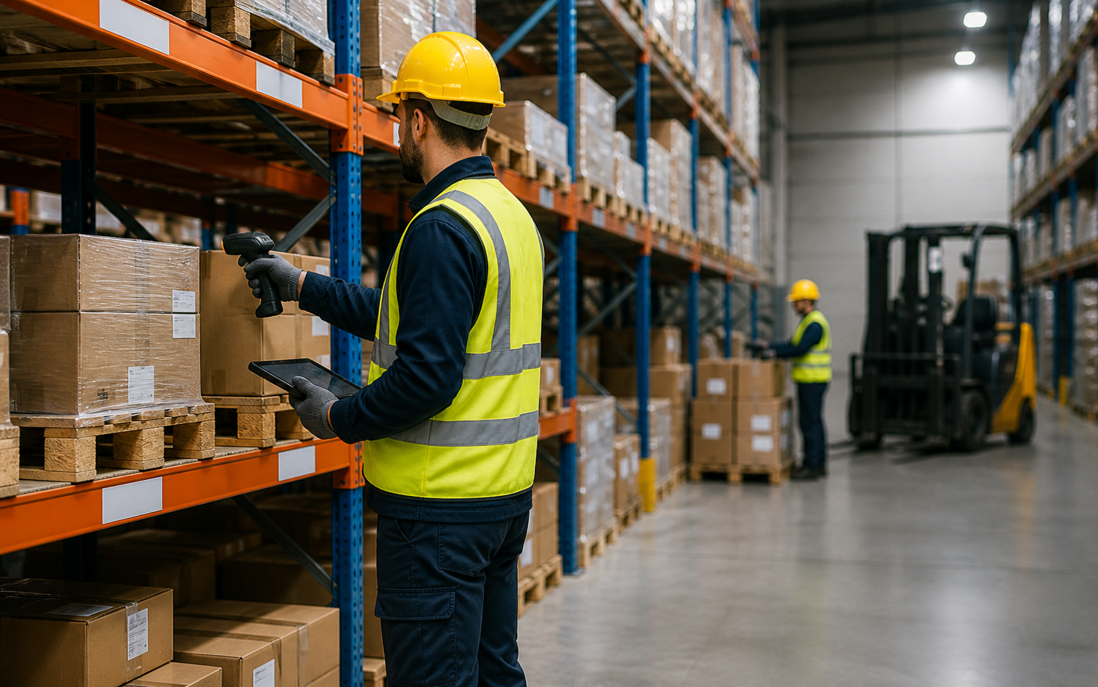 Conceptual photo of warehouse worker scanning goods
